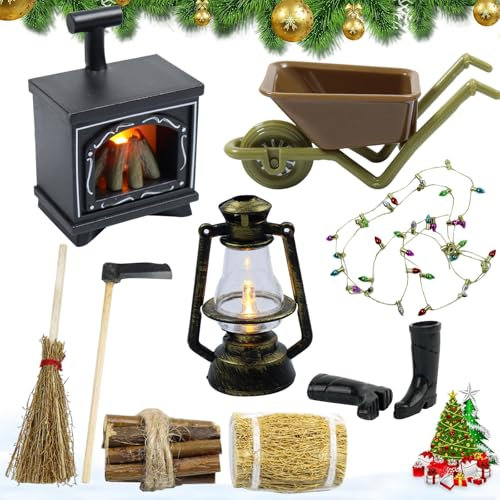 Wichtel Zubehör Set,Miniatur Puppenhaus Zubehör Weihnachten Puppenhaus Kamin mit Licht Wichtel Zubehör Weihnachten Deko puppenhaus Kamin Miniatur Wichtel Set für Weihnachtsdekoration DIY Deko