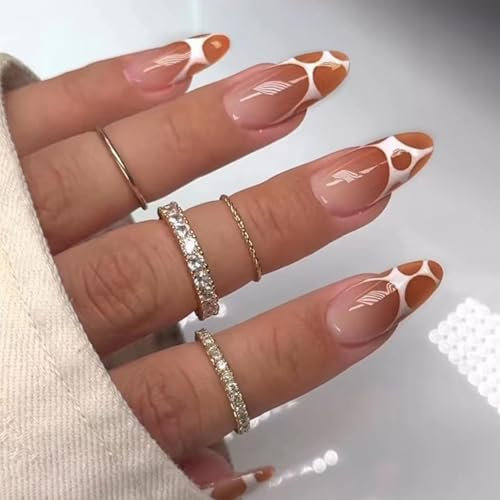 24 Pcs Curry Press on Nails - Medium, Gradient Nude Curry Round Almond Medium Nails for Women and Girls
