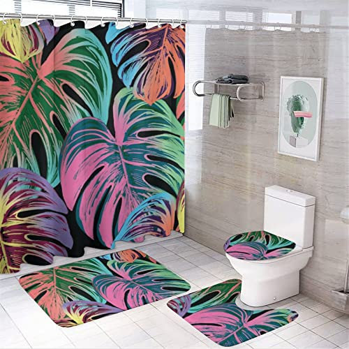 4-teiliges Deko-Duschvorhänge-Set mit rutschfesten Teppichen, WC-Deckelbezug und Badematte, Sommer, bunt, tropische Monstera-Blätter, Stoff, Badevorhang, tropische grüne Pflanze für