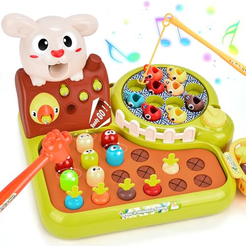 Aragallant Juguetes Montessori Niños, 4 en 1 Juguetes Educativos con Música, Juguetes de Martillo, Juego de Pesca, Cosecha de Rábanos, Regalo para Niños