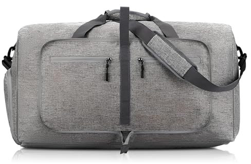 Reisetasche Groß Faltbar, 65L Reisetasche mit Schuhfach, Sporttasche Groß, Gym Duffle Bag, Saunatasche für Sport, Sporttasche Herren Damen, Reisetaschen für Camping, Reisen, Fitness (Grau)
