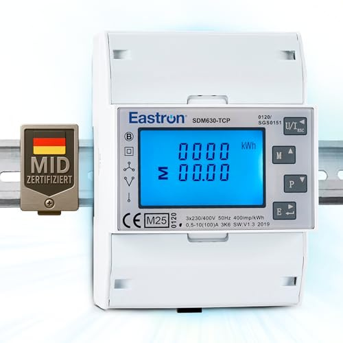 EASTRON SDM630 TCP MID Stromverbrauchsmesser - 1/3 Phasen Stromzähler Hutschiene - Strommessgerät - Drehstromzähler - Ethernet Modbus TCP, 100A kWh, Impulszähler & beleuchtetes LCD-Display