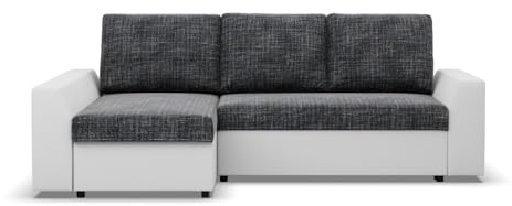Mebligo LUGO - Ecksofa mit Schlaffunktion, Bettkastem, Komfort und Still, Universelle Seite, dunkelgrau + weiß (Lawa 17)