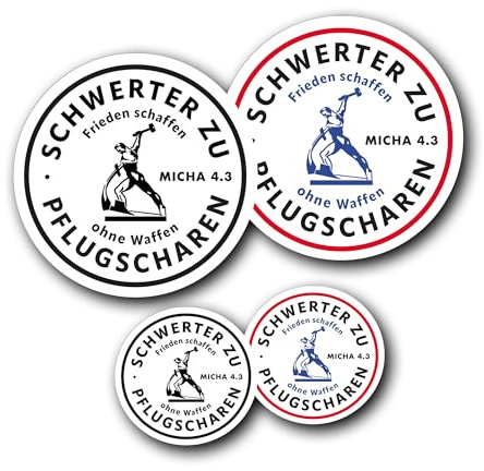 Die Staffelei Sticker „Schwerter zu Pflugscharen (4 x 2 Stück, Sortiment) | Frieden schaffen ohne Waffen“ selbstklebende Aufkleber in verschiedenen Ausführungen mit Infokarte