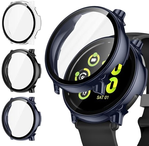 [3Pièces] Kamita Coque pour Garmin Vivoactive 5, Étui de Protection Complet avec Protecteur d'écran en Verre Trempé, Dur PC Bumper Case Antichoc Housse pour Garmin Vivo Active 5 (Clair+Noir+Bleu)