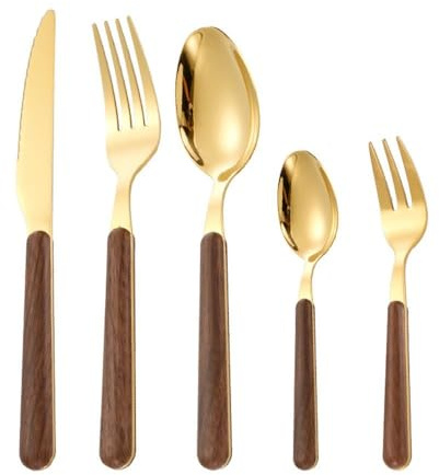 Wooden Handle Kitchen Stainless Steel Silverware Tableware Flatware Cutlery 5 Piece Set Steak Knife Fork Spoon Teaspoon (Gold,5 Pieces)