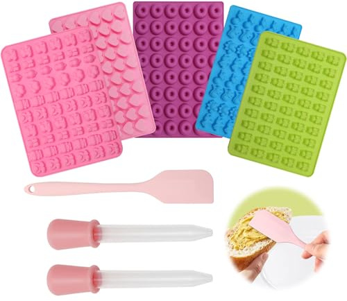 Gummibärchen Form 5 Stück Silikon Schokoladenformen, Selber Machen Set mit Schaber & 2 Tropfern, Herz/Bären/Krapfen Formen für Schokolade, Kekse, Gelee & Eiswürfel