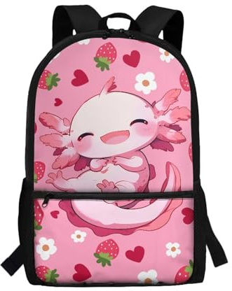 POLERO Axolotl Rucksack für Mädchen, niedlicher Schulranzen, leichter Rucksack mit Frontfach, Strawberry Axolotl Hearts, One size