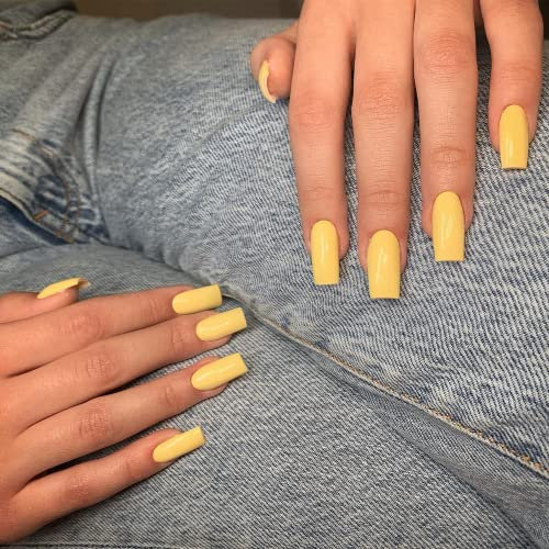 KQueenest Press on Nails Long Square, Yellow False Nails Long Medium Coffin, Glossy Natural Solid Color Fake Nails Set, Reusable Gel Stick on Nail for Women Finger Daily Wear 24 Pcs