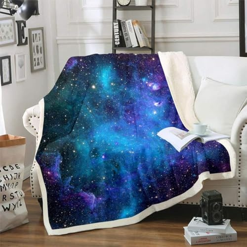 Loussiesd Galaxie Kuscheldecke Sternenhimmel Flanell Fleecedecke für Jungen Mädchen Weich Atmungsaktiv Microfaser Decke 220x240cm Decke Lila Blau für Sofa