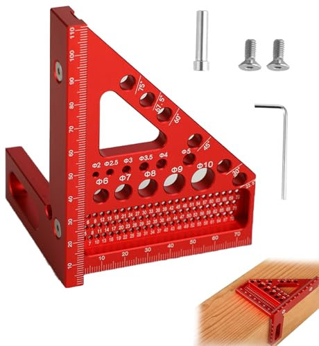 3D-Gehrungswinkel - Verstellbarer Winkel von 22,5–90° - Hochpräzises Holzwerkzeug aus Aluminiumlegierung - 3-in-1 Funktion: Anreißen/Bohren/Messen - geeignet für Tischler und Ingenieure (Rot)