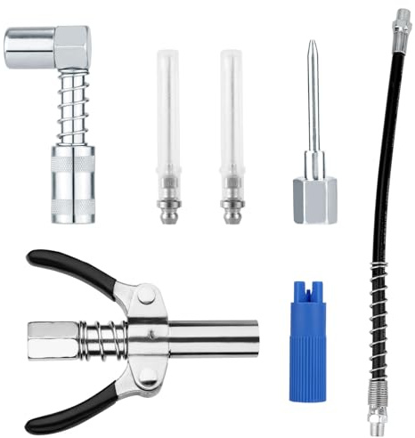 Gosknor 7pcs Grease Gun Accessory Kit, Includes Grease Gun Hose + 90 Degree Coupler Adapter + Needle Dispenser Needle Nozzle Nozzle Cleaner Double Handle Coupler Fittings Accessories
