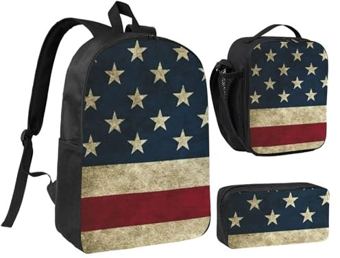 YQxwJL Set di 3 zaini con stampa bandiera americana, con portapranzo e astuccio, per uso quotidiano