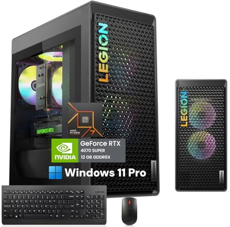 Lenovo Legion Tower 5 Ordinateur de bureau, Windows 11 Pro, AMD Ryzen 7700 PC, NVIDIA RTX 4070 Super 12 Go GDDR6X, 32 Go DDR5, 2 To SSD, Wi-Fi 6E, Bluetooth 5.3, souris et clavier USB noirs