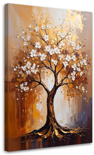 Feeby Leinwand Bilder - Bild Wohnzimmer - 60x90 1tlg - Deko Schlafzimmer Groß - Dekoration Canvas - Gemälde - Modern Wandbilder - Kunstdruck - Goldener Baum des Lebens Blumen
