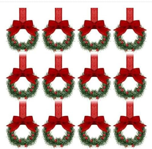 Kleine Kränze für Küchenschränke, Weihnachtskranz mit Schleifen, künstliche grüne Weihnachtskränze für Wand, Haustür, Party-Dekorationen (Rot, 12-teiliges Set)