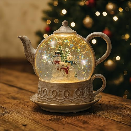 XMAS HAUS Snow Swirl Festive Christmas Glitter LED Teapot Warm White LEDs, Battery Operated Indoor Holiday Decoration