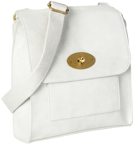 Mabel London Women's Cross-Body Bags Leather Large/Medium Twist Lock Cross Body Messenger Bag Turnlock Shoulder Bag - Nadia (White)