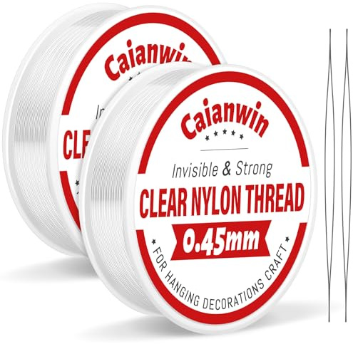 Caianwin-200m Nylonschnur 0.45mm Klarer Nylonfaden Transparent Faden | Reißfest Unsichtbare Faden Durchsichtige Schnur mit Perlennadel für Hängende Dekorationen, Armbänder, Schmuckherstellung