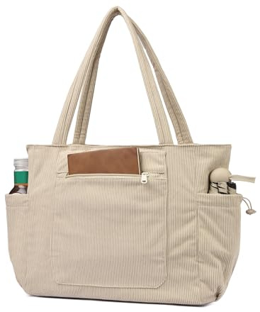ibalulu Cord Tasche Damen, Groß Shopper Tasche, 15.6 Zoll Tote Bag Laptoptasche, Strandtasche mit Reißverschluss, Handtasche Arbeitstasche Umhängetasche Schultasche für Schule Gym Reisen