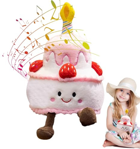 Singender Geburtstagskuchen Plüschtier | Melodisches Kuscheltier Kuchenform, Kuchenförmige Puppe Mit Happy-Birthday-Lied & Kerzen - Melodisches Spielzeug & Kuschelkissen Für Kinder