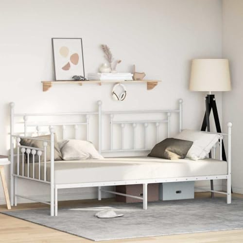 kithwjll Tagesbettrahmen mit Kopfteil Weiß 107 x 203 cm, ausziehbares Stahl Bettgestell für 2 Personen, modernes Metallbett ohne Matratze
