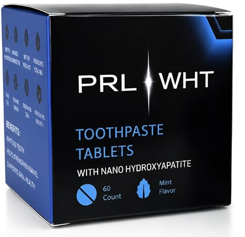 PRL WHT Toothpaste Tablets - 60 Count - Natural Whitening, Nano Hydroxyapatite, Fluoride Free, Plastic Free, Eco & Travel Friendly, Mint