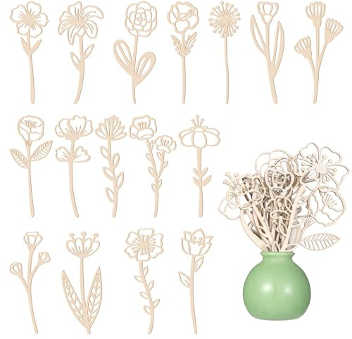 16 Stück Holzblumen Deko Set Holz Ornamenten Deko Natürliche | Blumen Skandinavische Holz für Wohnungsdekoration Wohnzimmer Tischdeko Fensterbank