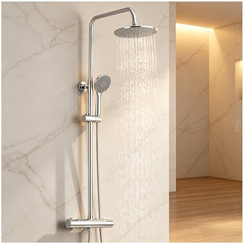 Auralum Duscharmatur mit Thermostat aus Edelstahl, höhenverstellbare Duschstange (84-121cm), 23cm Regendusche Kopfbrause, 3-Strahl-Handbrause, Edelstahl-Schlauch, Duschsystem Komplettset in Chrom