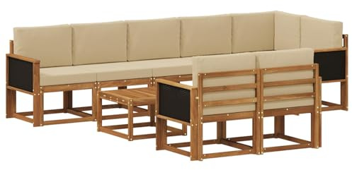 vidaXL Outdoor-Sofagarnitur mit Kissen 9 pcs Natur und Beige Polyester, Stylisches Außensofa, wetterfestes Set, Bequeme Sitzgelegenheit für den Garten, Akazienholz Möbel