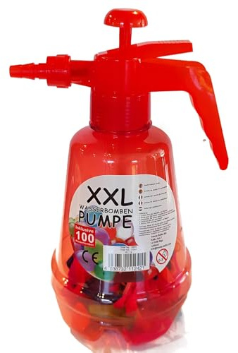 XXL Wasserbomben Pumpe inkl. 100 Wasserbomben Rote Flasche Ballons in bunten Farben Pump Druck-Flasche (Rot)