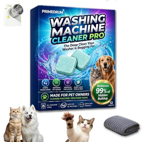 Primedrum Washing Machine Cleaner Pro, Pet Hair Remover & Deep Cleaner Tabs, Washing Machine Drum Cleaners Tablets Enzyme Natural Mild Formula for Front Load & Top Load Machines (1pc)