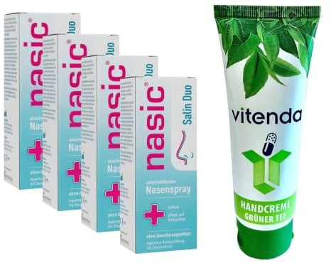 vitenda Set: Nasenspray hypertone Salzlösung mit Dexpanthenol mit Nasic Salin Duo bei Schnupfen & verstopfter Nase, 4x15ml – inkl. vitenda Handcreme