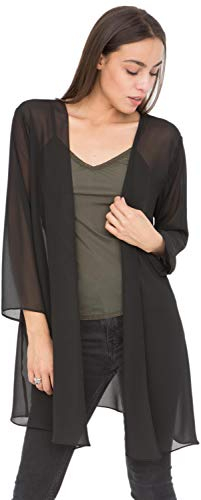 likemary Long Sheer Cardigans for Women UK - Elegant Chiffon Kimono Cover Ups - Ladies Lightweight Duster Jackets Open Front - Black M/L