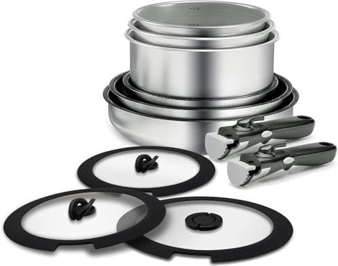 Backen 199911, Set di pentole, 11 pezzi, 2 manici removibili, 3 coperchi in vetro 20-24-26 cm, induzione, acciaio inossidabile, rivestimento antiaderente, lavabile in lavastoviglie, garanzia 5 anni