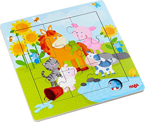 HABA 303767 - Holzrahmen-Puzzle Tierfreunde, 9-teiliges Holzpuzzle mit Tiermotiven, Holzspielzeug ab 18 Monaten