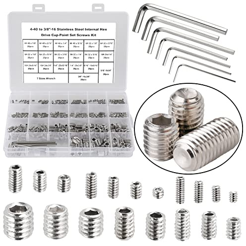 Hantof 380 pcs 4–40 vers 3/20,3 cm -16 en acier inoxydable Interne hexagonale Drive Cup-point Vis sans tête, Ensemble de vis Assortiment kit avec 7 pcs Hex clés
