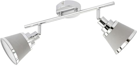 WOFI Design Deckenstrahler Zoom Chrom glänzend mit Lampenschirmen aus grauem Stoff - 2 Spots schwenkbar E14-Fassung - Deckenbeleuchtung für Innen