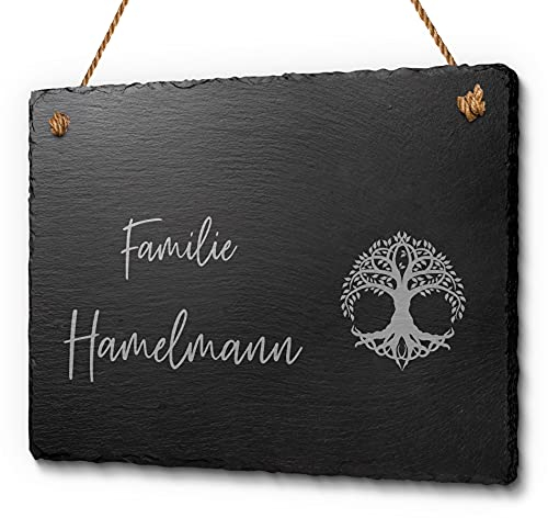 Schöne Schiefer Türschilder für die Haustür mit Gravur | Schiefer-Schild mit Kordel zum Aufhängen in ca. 20x15 cm gravierte Namensschilder Klingelschilder mit Namen oder Texten Herzlich Willkommen