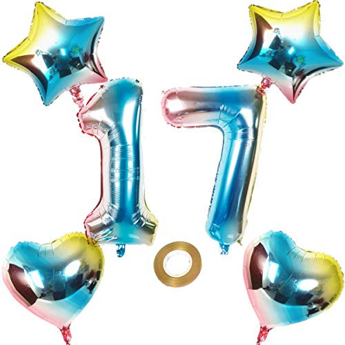 Luftballons Zahl 17 Nummer 17 Luftballon Regenbogen 17 Zahlenballon Folienballon 32 inch 80 cm XL für Mädchen Junge,Riesen Aufblasbar herz Helium Folienballon Stern Ballons Geburtstag Party Deko (17)