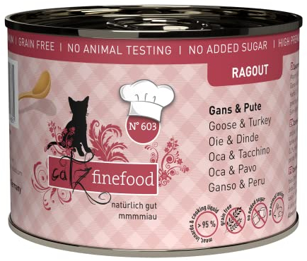 catz finefood Ragout N° 603 Gans & Pute Katzenfutter nass - Feinkost Nassfutter für Katzen in Sauce ohne Getreide und Zucker mit hohem Fleischanteil, 6 x 190 g Dose