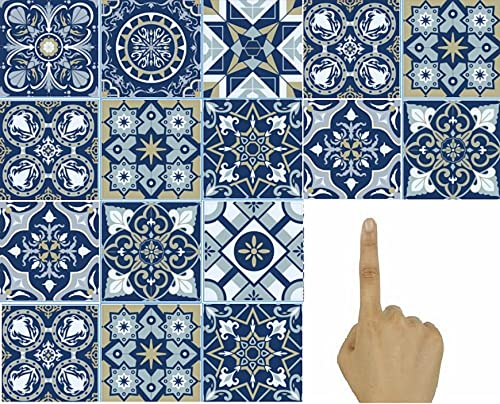 Self Adhesive Wall Tile Stickers-18 PCS Moroccan Mosaic Style Kitchen Wall Art transfers DIY-Traditional Vintage Design-Bathroom backsplash kitchen splashbacks Peel and Stick on Tiles (New mixed blue)