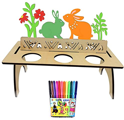 Seasboes Osterhase Holz, Unfertige Holzverzierungen für Osterdekorationen Eier Huhn Kaninchen Ostern Holzhandwerksausschnitt, Frühlingsgartenschmuck (Mit 12 Farbigem Aquarellstift und Bindfaden) (5)