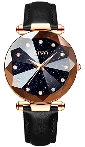 CIVO Montre Femme Etanche Montres Femme Cuir Montre Bracelet à Quartz Analogique Diamant Mode Montres pour Femme Entreprise Élégant Noir