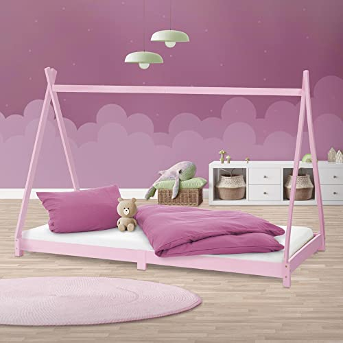 ML-Design Kinderbett Tipi 90x200 cm Rosa mit Lattenrost, Indianer Bett aus Massivholz, Hausbett für Mädchen, Kiefernholz, Bodenbett Kinderhaus Jugendbett Holzbett Bettenhaus Spielbett Bettgestell Zelt