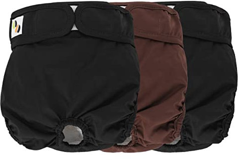 JM Female Dog Nappies - Highly Absorbent, Breathable Dog Nappy with Microfiber Pad & Waterproof Layer - Dog Period Pants Pack of 3, Washable Small (Fit for 9- 15 waist) Black & Brown