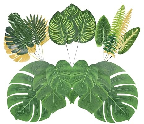 84 piezas de 10 decoraciones de hojas de palma falsas, hojas de plantas tropicales, decoraciones de fiesta de la selva, hojas de palma, decoraciones de boda, decoraciones de fiesta de cumpleaños