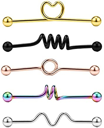 Stfery Zungenpiercing Langer Stab, Industrial Piercing Chirurgenstahl Bunt Herz Geometrisch Schmuck Nase Lippe 5 Stück Damen