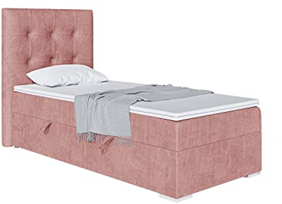 MEBLINI Boxspringbett mit Bettkasten - Gepolstert Einzelbett mit Matratze und Topper - Polsterbett mit Stauraum - Bett mit Kopfteil - Stauraumbett - Deniz - 90x200 Rechts - H3/Rosa Samt