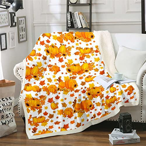 Couverture de citrouille d'automne 130x150 cm en feuilles d'érable,Couverture en polaire pour Thanksgiving,Pour la maison,Rustique,Tournesols,Couverture floue,Orange et blanc,En peluche douce